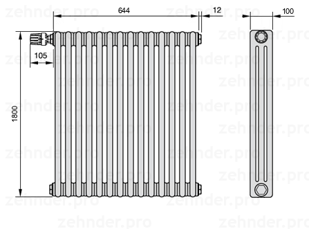 Схема (чертеж) Радиатор Zehnder Charleston 3180/14 №V012 Technoline TL